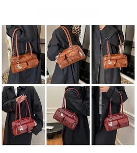 Collage of models styling vintage large tote bags in brown and burgundy patent leather