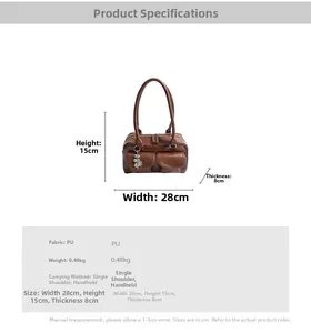 Detailed size specifications of a vintage brown PU leather shoulder bag with dimensions