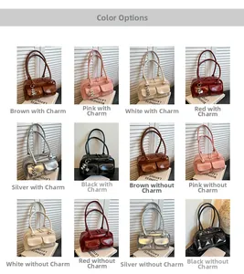 Detailed grid showing vintage tote bag in six colors with optional heart pendant charms