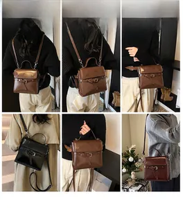 Collage of fashion crossbody and backpack styles in dark brown and black polished leather