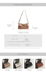 Detailed size specifications and color options for the ruched shoulder bag in PU leather
