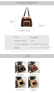 Detailed chart showing faux suede tote bag dimensions, 0.47kg weight, and color options