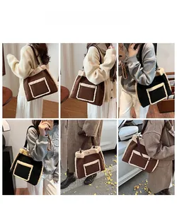 Brown faux leather tote bag with shearling trim shown styled in various outdoor settings