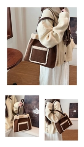 Detail of dark brown faux suede tote bag with white faux shearling trim and front pocket