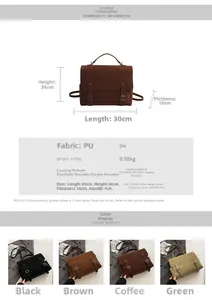 Detailed size chart and multi-color options for vintage PU leather backpack with dimensions