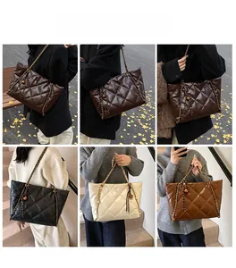 Collage of quilted chain tote bags in coffee, black, beige and tan colors for daily commute