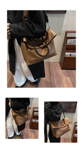 Détail du grand cabas en cuir souple marron avec poignée unique en corde tressée noire