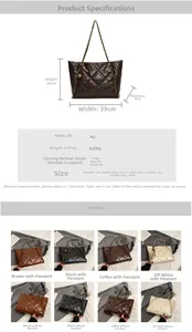 Detailed dimension chart and color guide for a large quilted tote bag with chain strap