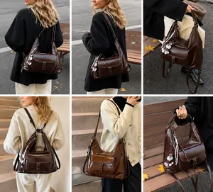Detailaufnahmen der braunen Vintage-Tasche mit Schulter- und Rucksack-Trageoptionen