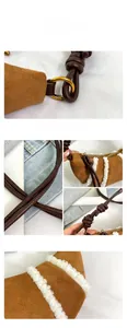 Detail showing brown suede texture, plush white trim, and gold metal rings on the bag