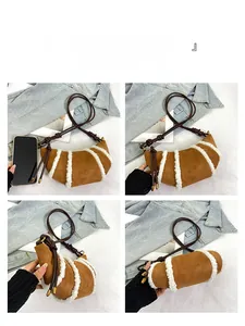 Borsa a mezzaluna in camoscio marrone con bordo in shearling bianco in quattro angolazioni