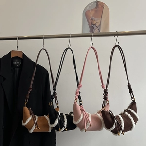 Winter matte croissant bag with fleece trim in camel, black, pink, and dark brown