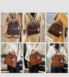 Dettagli dello zaino vintage marrone che mostra vari modi di indossarlo su una modella