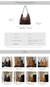 Detailed size specifications and color variants for the large suede tote handbag