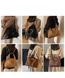 Multi-angle views of a large suede tote bag worn as a shoulder and crossbody bag