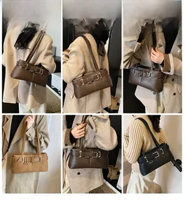 Detailed views of vintage biker style shoulder bags in dark brown, khaki, and black colors