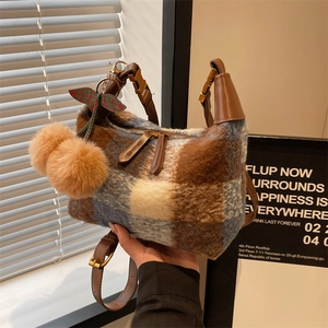 Retro plaid plush handbag with cherry charm and brown leather straps for autumn winter