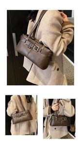 Detail view of dark brown retro biker shoulder bag with metal buckle and matte leather