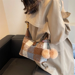 Retro plaid wool hobo shoulder bag in brown and blue with pink cherry charm