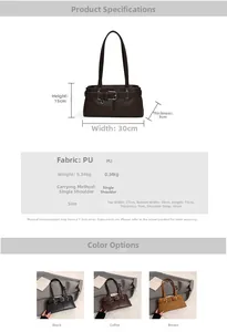 Detailed size specifications and material chart for the minimalist PU leather shoulder bag