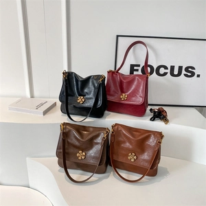 Vintage solid color shoulder bags with floral metal buckles in four classic colors