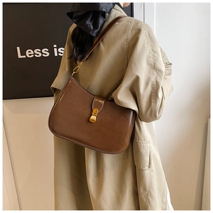 Detail view of the brown leather shoulder bag with gold-tone buckle and chic design