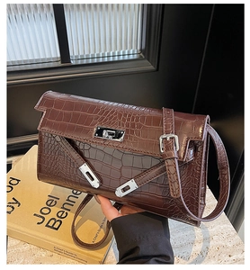 Detailed macro shot of the brown crocodile pattern texture and silver buckle on bag