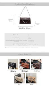 Detailed size chart and five color options for the faux crocodile pattern shoulder bag