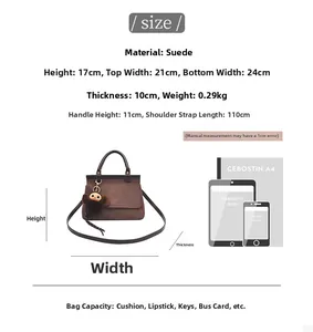 Guide des tailles pour sac à main vintage en suédine avec dimensions et détails de capacité