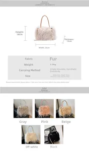 Detailed size chart for faux fur handbag showing dimensions 25x18x13cm and five colors