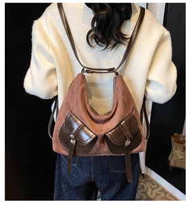 Vintage suede dual-pocket backpack for women stylish commuter daily casual travel school bag