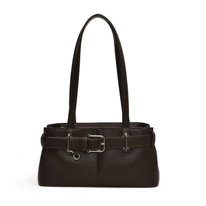 Retro dark brown underarm bag with decorative belt buckle and silver hardware on white background