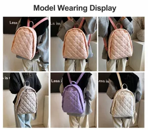 Quilted nylon backpack shown in pink, purple, beige, and white from multiple back angles