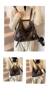 Detail view of vintage motorcycle style PU leather backpack for women, large capacity casual tote.
