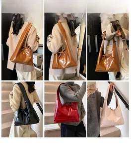 Collage of model carrying various color tote bags with bow details and glossy finish