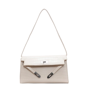 Off-white crocodile pattern faux leather shoulder bag with silver buckle and thin strap