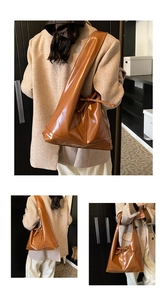 Close-up of a glossy brown leather tote bag with stylish bow knot detail and large capacity