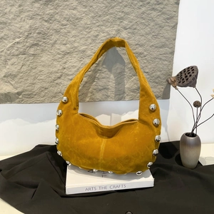 Vintage Hobo Shoulder Bag Faux Suede PU Leather Silver Ball Rivet Underarm Tote Handbag Retro Commuter Bag For Women