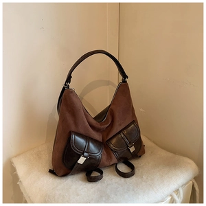 Vintage brown suede women backpack retro casual convertible shoulder bag with double front pockets