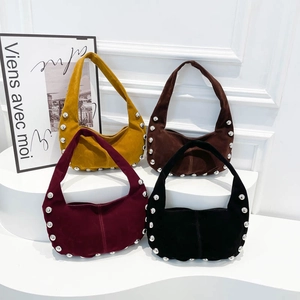 Retro matte suede underarm bag with metal studs in yellow, coffee, burgundy and black