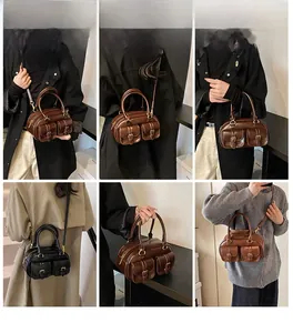 Retro PU leather bowling bag shown in black and brown via various carrying perspectives