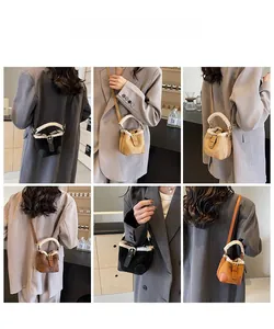 Mini plush bucket bag in leather with shearling trim shown in four colors and styles