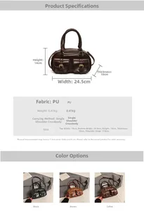 Detailed size chart and color options for the vintage PU leather bowling crossbody bag