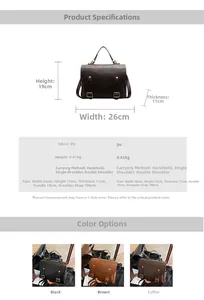 Detailed size chart showing dimensions of 26x19x11cm for the vintage PU leather shoulder bag