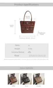 Guide des tailles pour grand sac fourre-tout en cuir PU avec dimensions et coloris
