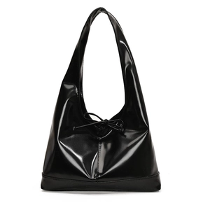 Glossy black hobo shoulder bag with bow detail and sleek polished leather finish