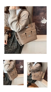 Détail du sac cabas marron montrant les poches frontales et les fermoirs rotatifs en argent