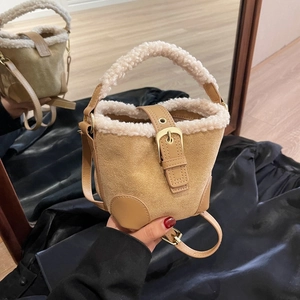 Mini Bucket Bag With Faux Sherpa Trim Suede Texture Crossbody Handbag For Women Retro Winter Shoulder Pouch Top Handle