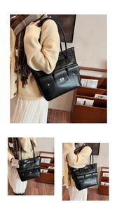 Détail du sac cabas en similicuir noir avec fermoir tournant en argent et poches externes
