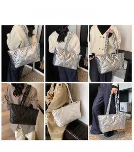 Detailed views of multi-colored quilted puffer tote bags worn by model in various styles